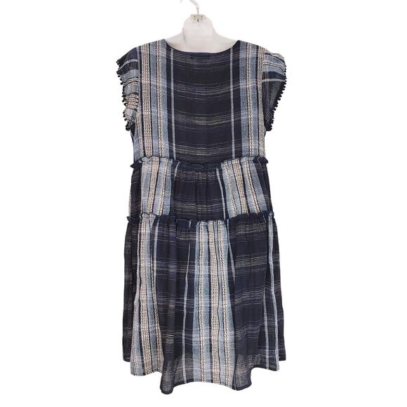 THML Pompom Short Sleeve Patchwork Boho Dress Navy Womens Size Medium Bohemian - Picture 2 of 7